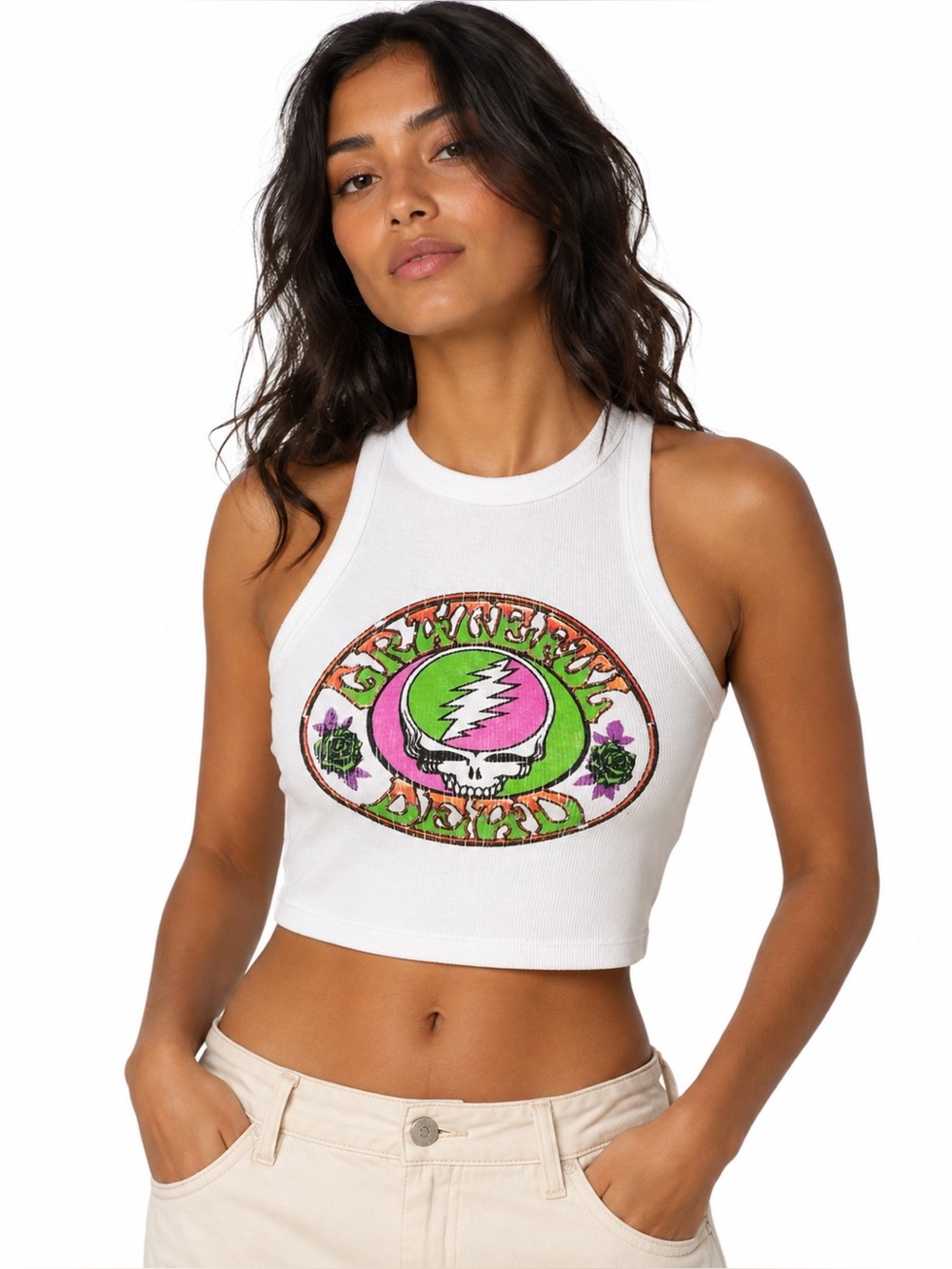 Grateful Dead Steal Your Face White Ribbed Crop Tank Top Size Small Hippie